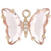 Pendente farfalla di vetro con Ossido di zirconio 15x20 mm - Dorato - Rosa - Cristallo x1