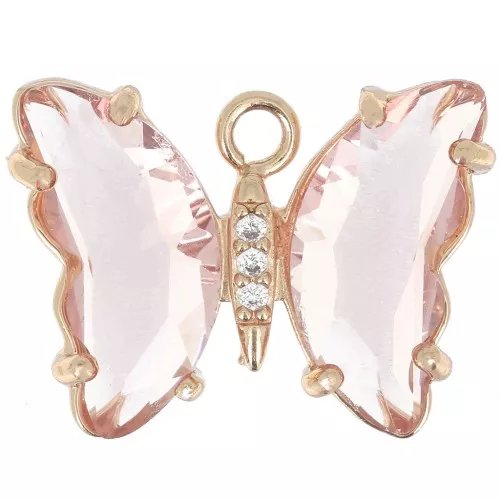 Pendente farfalla di vetro con Ossido di zirconio 15x20 mm - Dorato - Rosa - Cristallo x1