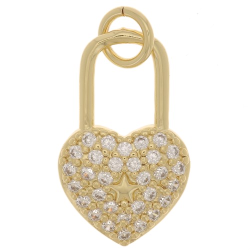 Pendente lucchetto coeur con Ossido di zirconio 18x11 mm -Dorato - Cristallo x1