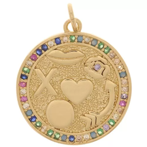 Pendente rotondo con Ossido di zirconio 19 mm - multi simboli -Dorato- Multicolore x1