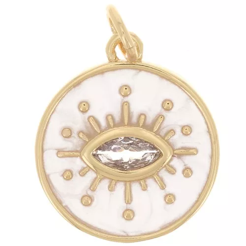 Pendente occhio con Ossido di zirconio e resina epossidica 15mm Dorato - Perla bianca x1