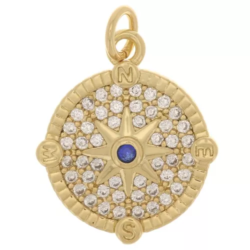 Pendente rosa dei venti rotonda con Ossido di zirconio 13 mm - Dorato- Cristallo x1