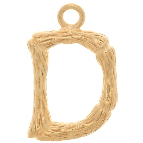 Pendente lettera alfabeto effetto bambù 16x10 mm - D Dorato con oro fino x1