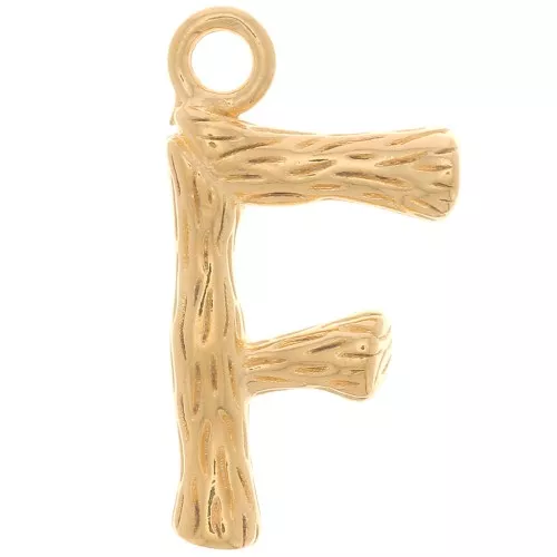 Pendente lettera alfabeto effetto bambù 16x9 mm - F -Dorato con oro fino x1