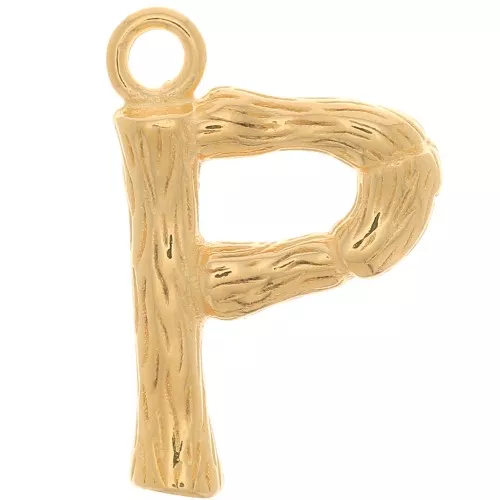Pendente lettera alfabeto effetto bambù 16x10 mm - P -Dorato con oro fino x1