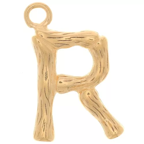 Pendente lettera alfabeto effetto bambù 16x10 mm - R -Dorato con oro fino x1