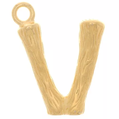 Pendente lettera alfabeto effetto bambù 15x12 mm - V - Dorato con oro fino x1