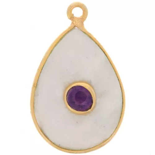 Pendente goccia sfaccettata 22x14mm Arg925 Dorato - Pietra di luna - Ametista