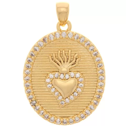 Pendente ovale con Ossido di zirconio 23x18 mm - Ex-voto motivo cuore - Dorato - Cristallo x1