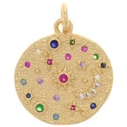 Pendente rotondo con Ossido di zirconio 16mm - motivo luna e stelle -dora - Multicolore x1