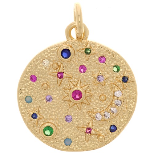 Pendente rotondo con Ossido di zirconio 16mm - motivo luna e stelle -dora - Multicolore x1