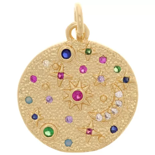 Pendente rotondo con Ossido di zirconio 16mm - motivo luna e stelle -dora - Multicolore x1