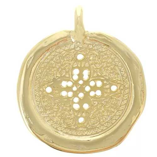 pendente medaglia irregolare 30 mm - motivo a croce - Dorata con oro fino x1