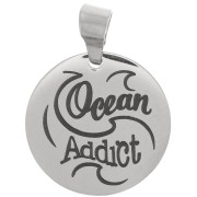 Pendente medaglia rotonda 15 mm - Ocean Addict & waves - Acciaio inoss. 304|raw }}