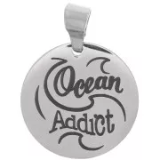 Pendente medaglia rotonda 15 mm - Ocean Addict & waves - Acciaio inoss. 304
