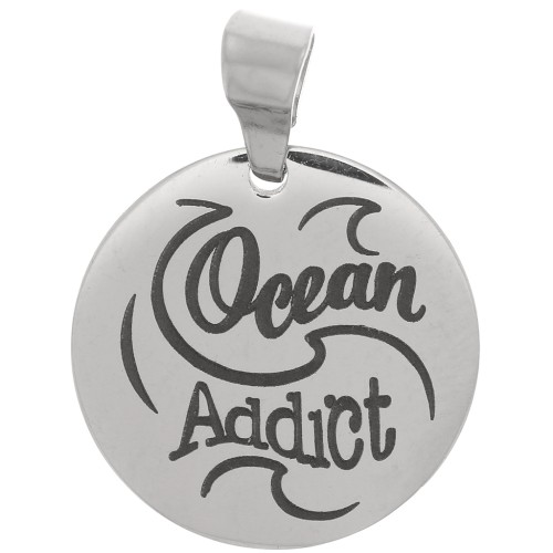 Pendente medaglia rotonda 15 mm - Ocean Addict & waves - Acciaio inoss. 304