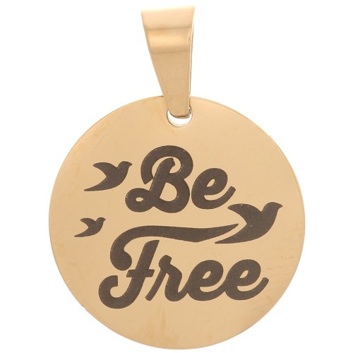 Pendente medaglia rotonda 15 mm - Be Free Birds - acciaio inoss. 304 Dorato