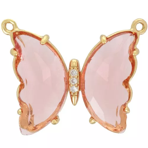 Distanziatore farfalla di vetro con Ossido di zirconio 22x29 mm - Dorato - Rosa x1