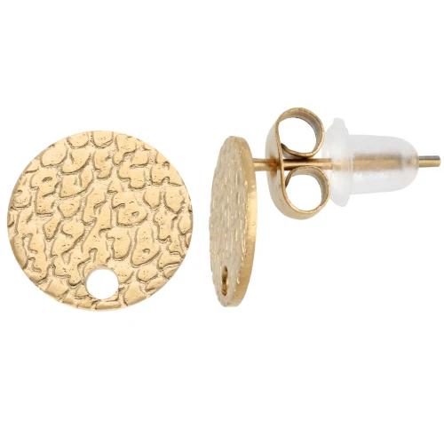 Orecchini perno disco martellato 10mm con un foro -Acciaio inossidabile dorato x2