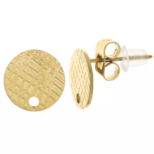 Orecchini perno disco testurizzate 10mm con foro -Acciaio inossidabile dorato x2