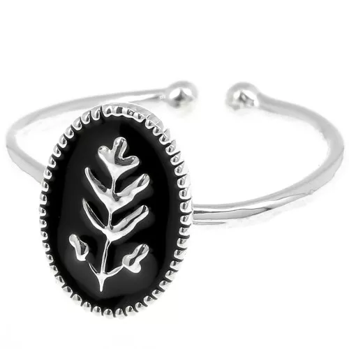 Anello ovale regolabile con resina epossidica-foglia-placcatura argento fino- nero