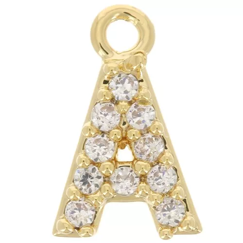 Ciondolo alfabeto 8 mm con Ossido di zirconio - A - Dorato con oro fino - Cristallo x1