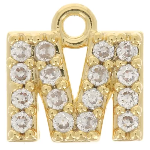 Ciondolo alfabeto 7mm con Ossido di zirconio - M - Dorato con oro fino - cristallo x1