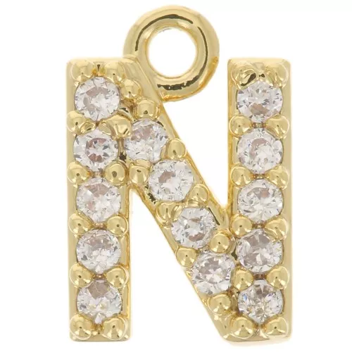 Ciondolo alfabeto 8 mm con Ossido di zirconio - N - Dorato con oro fino - Cristallo x1
