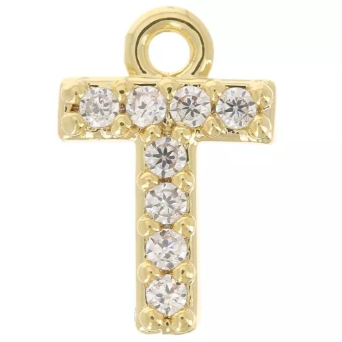 Ciondolo alfabeto 8 mm con Ossido di zirconio - T -Dorato con oro fino - Cristallo x1