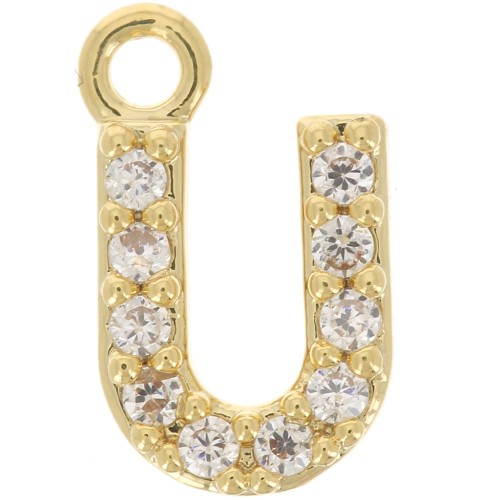 Ciondolo alfabeto 8 mm con Ossido di zirconio - U -Dorato con oro fino - Cristallo x1