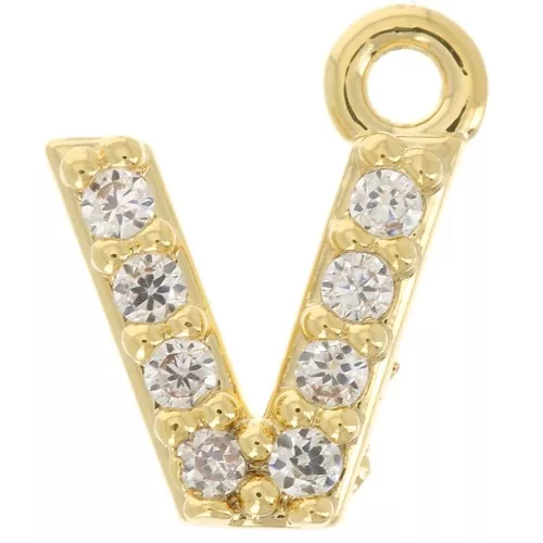 Ciondolo alfabeto 7 mm con Ossido di zirconio - V - Dorato con oro fino - Cristallo x1
