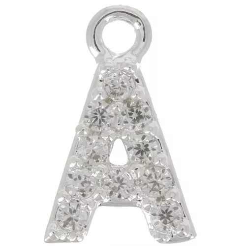 Ciondolo lettera alfabeto 8mm con Ossido di zirconio -A -Placcatura arg. fine - Cristallo x1
