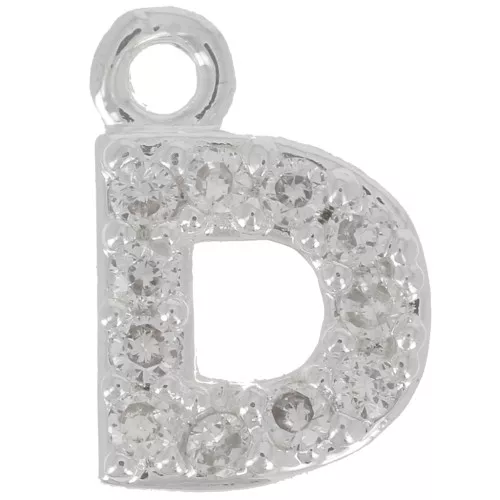 Ciondolo lettera alfabeto 7mm con Ossido di zirconio - D -Placcatura arg. fine - Cristallo x1