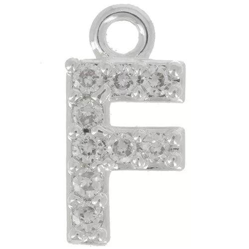 Ciondolo lettera alfabeto 8mm con Ossido di zirconio - F -Placcatura arg. fine - Cristallo x1