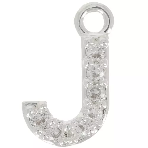 Ciondolo lettera alfabeto 8mm con Ossido di zirconio -J -Placcatura arg. fine - Cristallo x1