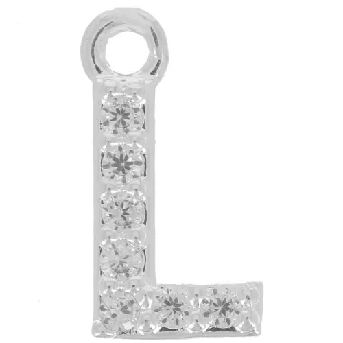 Ciondolo lettera alfabeto 8mm con Ossido di zirconio - L -Placcatura arg. fine - Cristallo x1