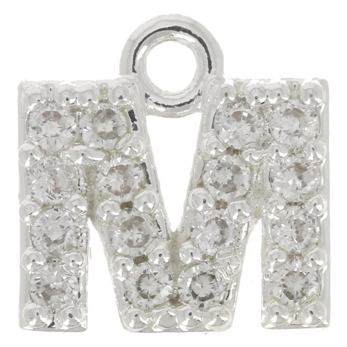 Ciondolo lettera alfabeto 7mm con Ossido di zirconio - M -Placcatura arg. fine - Cristallo x1