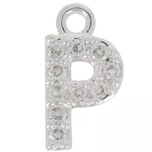 Ciondolo lettera alfabeto 8mm con Ossido di zirconio - P -Placcatura arg. fine - Cristallo x1