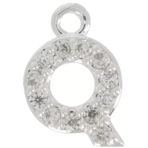 Ciondolo lettera alfabeto 9mm con Ossido di zirconio - Q -Placcatura arg. fine - Cristallo x1