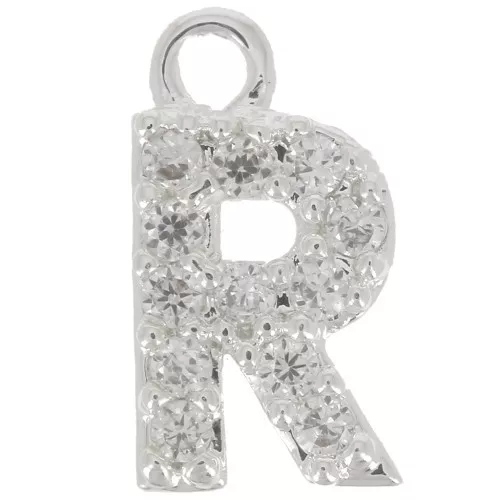 Ciondolo lettera alfabeto 8mm con Ossido di zirconio - R -Placcatura arg. fine - Cristallo x1