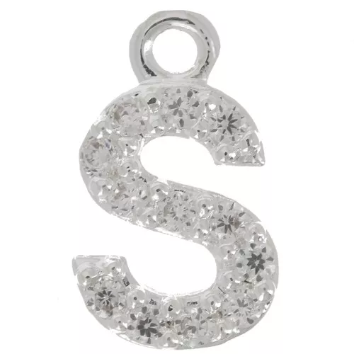 Ciondolo lettera alfabeto 8mm con Ossido di zirconio - S -Placcatura arg. fine - Cristallo x1