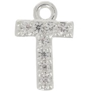 Ciondolo lettera alfabeto 8mm con Ossido di zirconio - T- Placcatura arg. fine - Cristallo x1