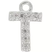 Ciondolo lettera alfabeto 8mm con Ossido di zirconio - T- Placcatura arg. fine - Cristallo x1