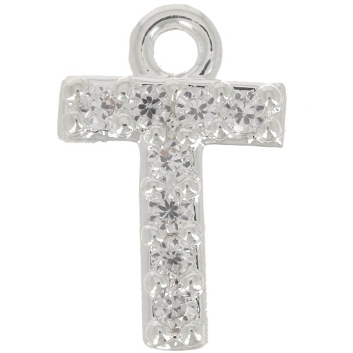 Ciondolo lettera alfabeto 8mm con Ossido di zirconio - T- Placcatura arg. fine - Cristallo x1