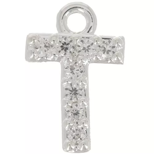 Ciondolo lettera alfabeto 8mm con Ossido di zirconio - T- Placcatura arg. fine - Cristallo x1