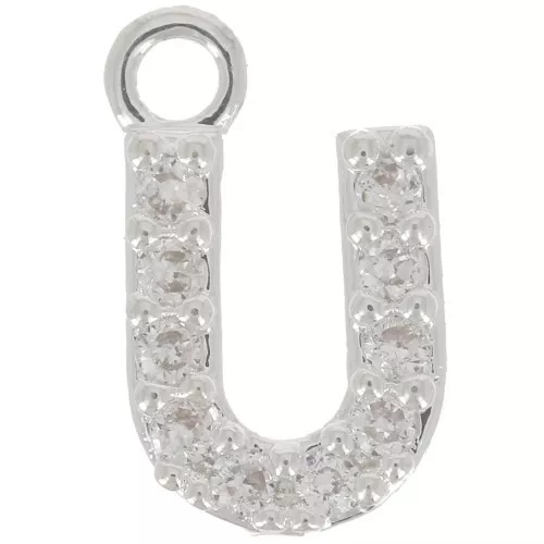 Ciondolo lettera alfabeto 8mm con Ossido di zirconio - U -Placcatura arg. fine - Cristallo x1