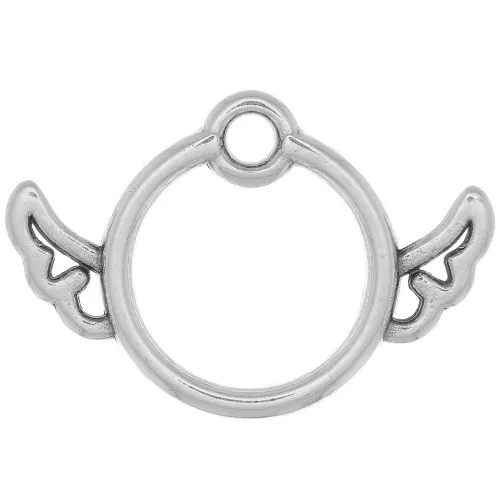 Ciondolo cerchio scavato con ali 13x19 mm - Placcatura argento antico x1