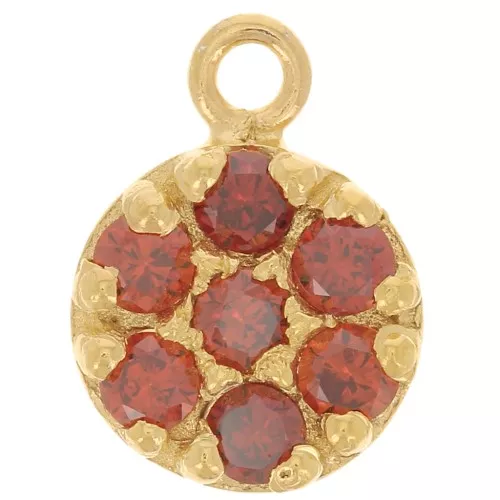 Ciondolo rotondo 9 mm con Ossido di zirconio - Arg925 Dorato con oro fino- Rosso x1