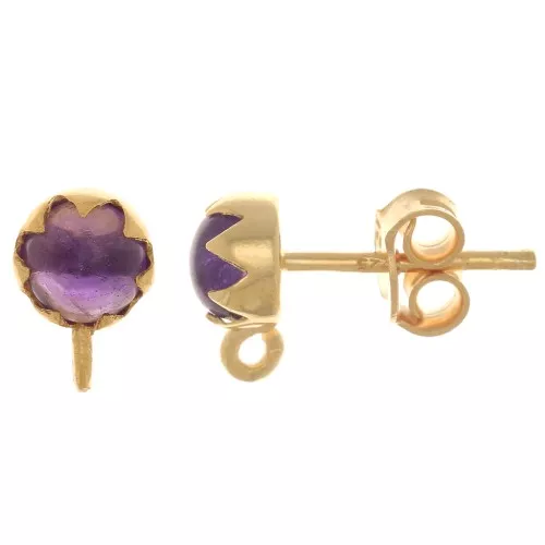 Orecchini perno 6 mm con semi pietra preziosa- Arg925 Dorato oro fino- Ametista x2