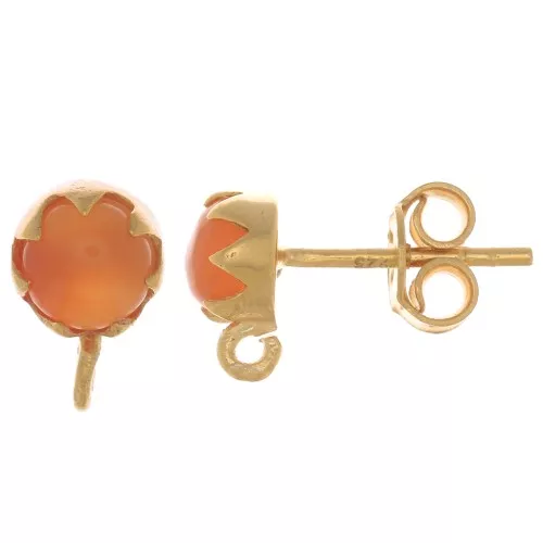 Orecchini perno 6 mm con semi pietra preziosa- Arg925 Dorato oro fino Corniola x2